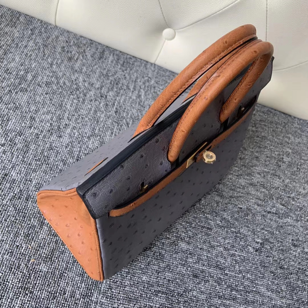Hermès（爱马仕）Birkin 25cm kk ostrich 顶级鸵鸟皮 R2玛瑙灰拼ck37金棕色 蜡线全缝 金扣