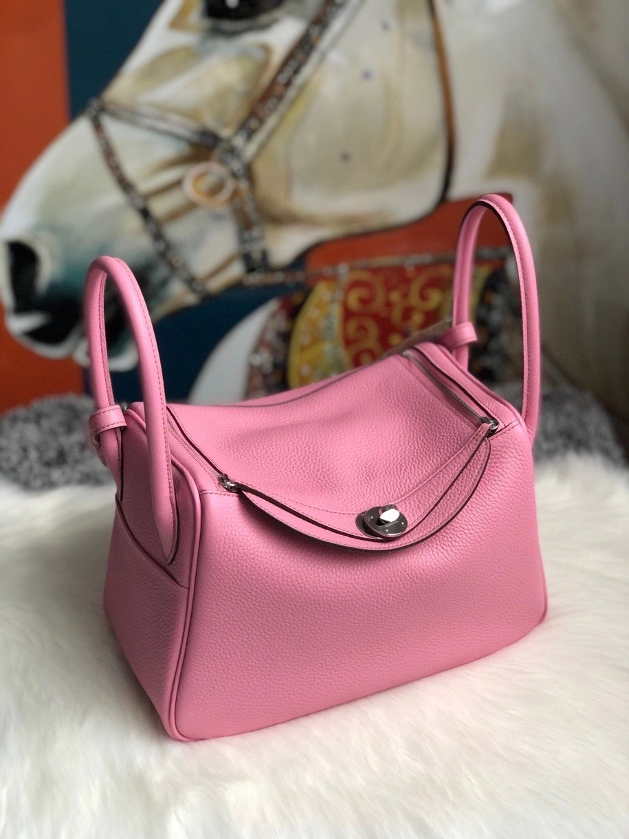 Hermès（爱马仕）Lindy 26cm 原厂御用大牛皮 樱花粉内皮奶昔白 银扣 顶级手缝 定制