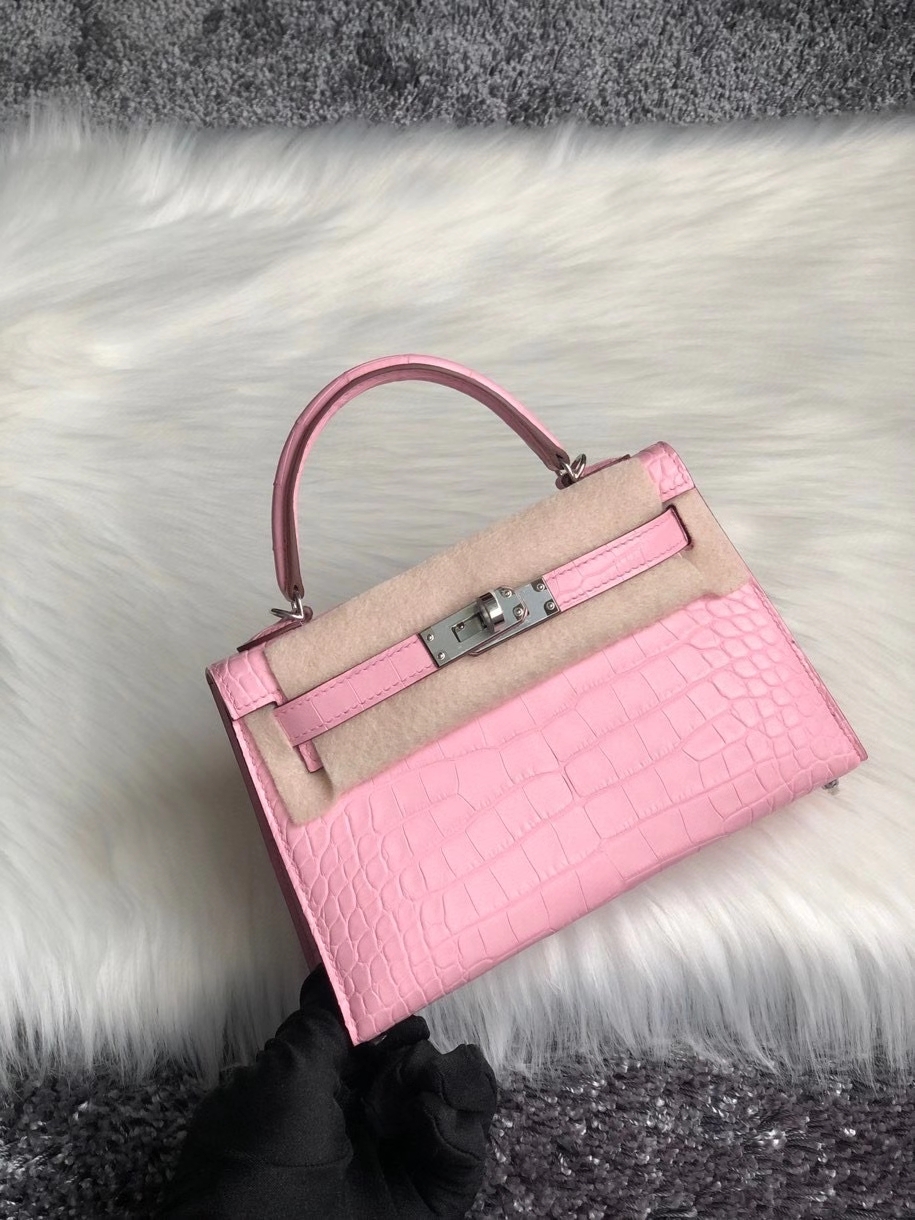 Hermès（爱马仕）Mini kelly ll Alligator matt 雾面鳄鱼 5p 樱花粉 银扣 顶级手缝 小可爱 现货