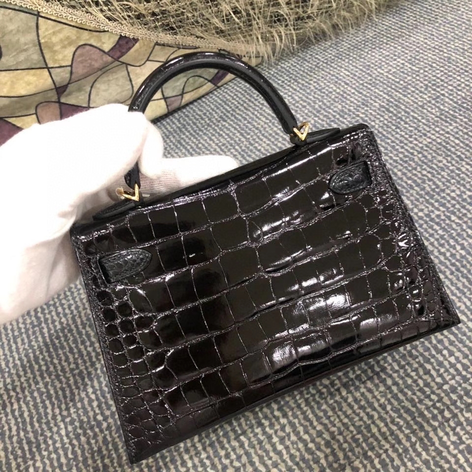 Hermès（爱马仕）Mini kelly ll alligator shiny 亮面鳄鱼 ck89 黑色 Noir 金扣 顶级手缝