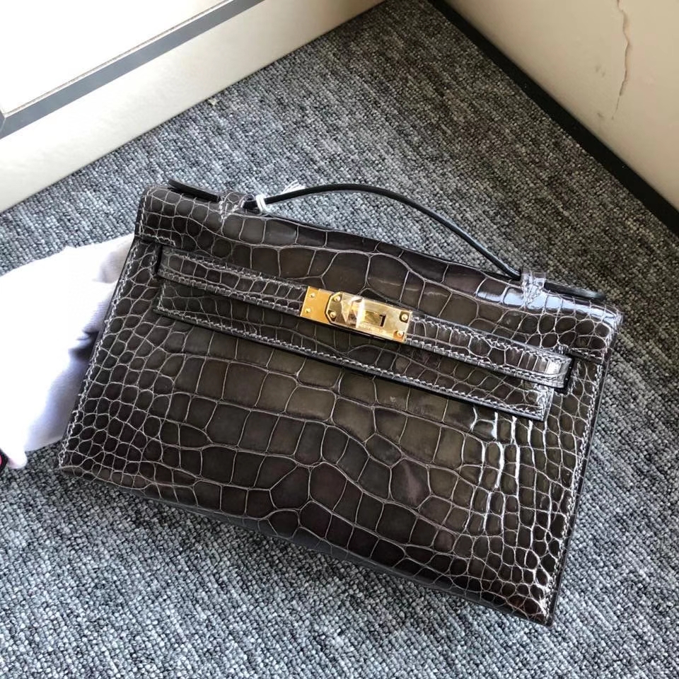 Hermès（爱马仕）Mini pochette 22cm Alligator shiny 亮面鳄鱼 ck88 石墨灰 graphite 金扣 顶级手缝 现货