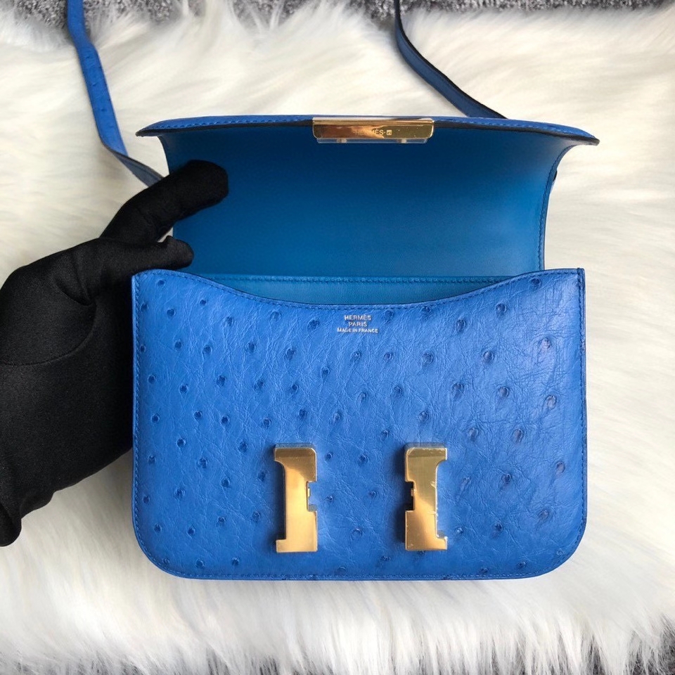 Hermès(爱马仕)Constance 18cm Ostrich kk鸵鸟 7Q希腊蓝 金扣 顶级手缝 现货-拉尔森鳄鱼皮具定制 - 爱马仕包包官网 Hermès(爱马仕)Constance 18cm Ostrich kk鸵鸟 7Q希腊蓝 金扣 顶级手缝 现货