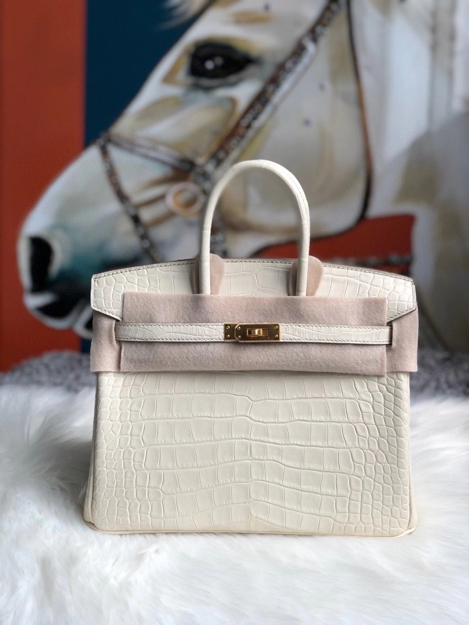 Hermès（爱马仕）Birkin 25cm Alligator matt 雾面鳄鱼 8L 奶油白 Beton 金扣 现货