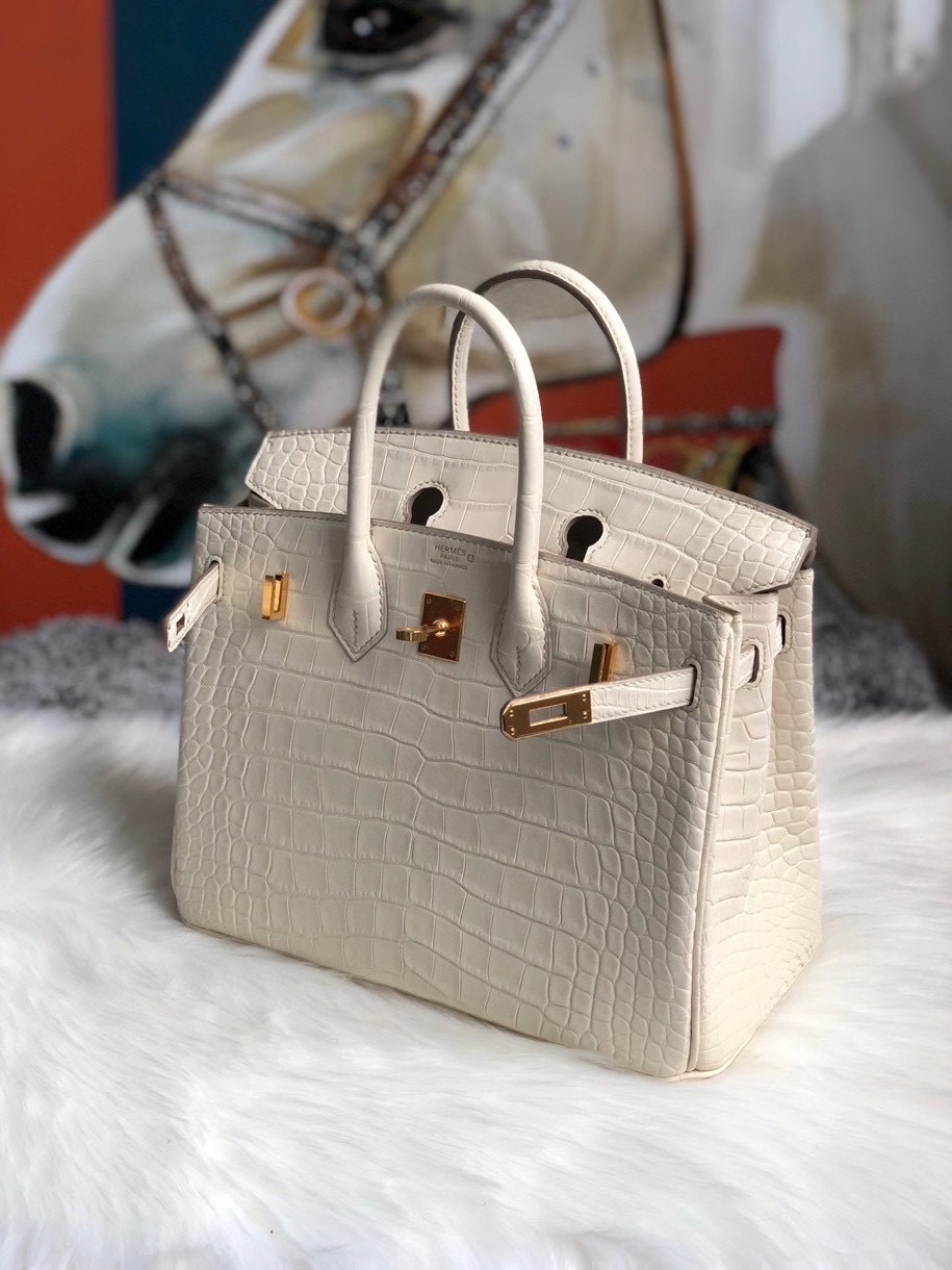 Hermès（爱马仕）Birkin 25cm Alligator matt 雾面鳄鱼 8L 奶油白 Beton 金扣 现货