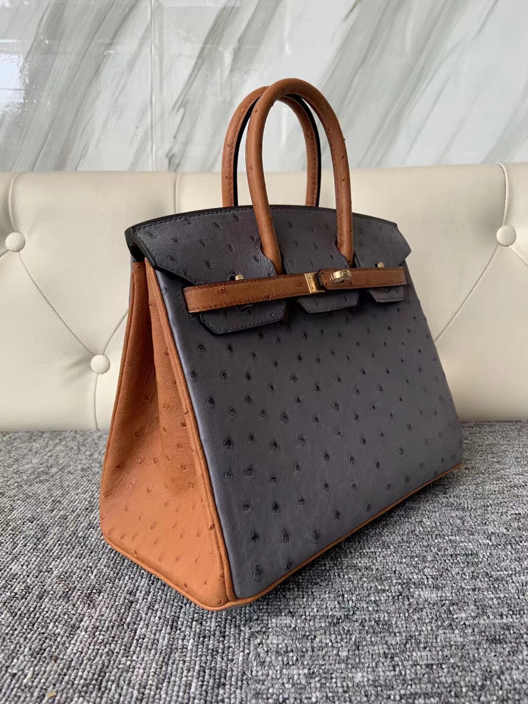 Hermès（爱马仕）Birkin 25cm kk ostrich 顶级鸵鸟皮 R2玛瑙灰拼ck37金棕色 蜡线全缝 金扣