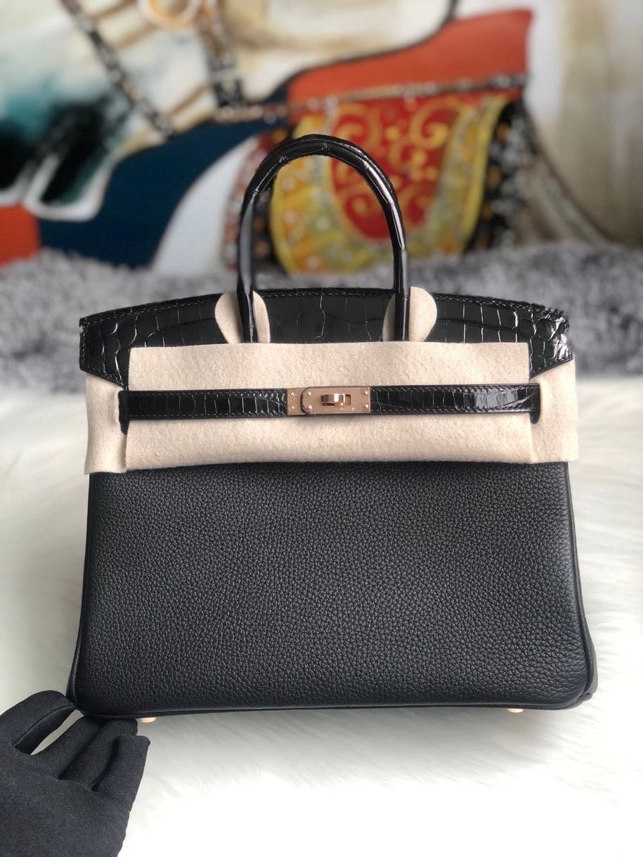 Hermès（爱马仕）Touch 系列 Birkin 25cm 黑色拼黑色亮面玫瑰金扣 rose gold  顶级手缝 现货