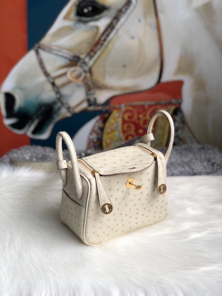 Hermès（爱马仕）Mini lindy Ostrich kk鸵鸟 3c 羊毛白 金扣 顶级手缝 定制