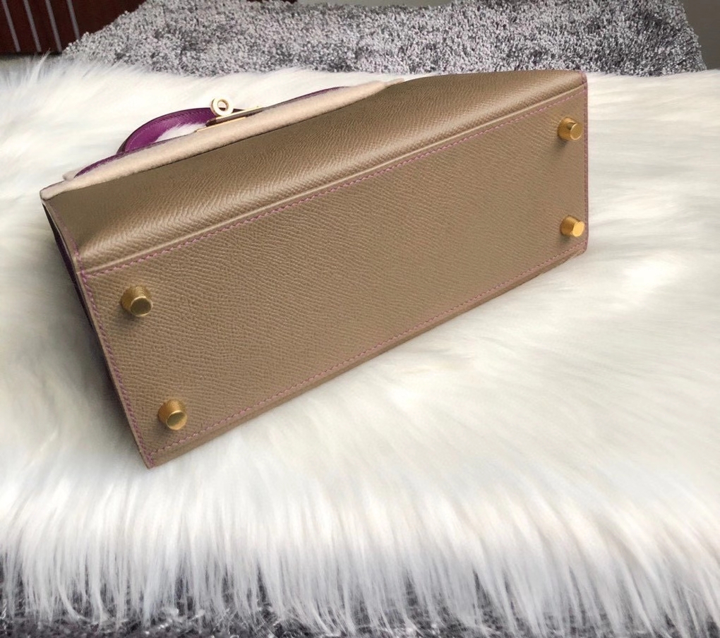 Hermès（爱马仕）Kelly 25cm Epsom 原厂掌纹皮 ck18 大象灰 拼 p9 海葵紫 拉丝金扣 马蹄印 现货