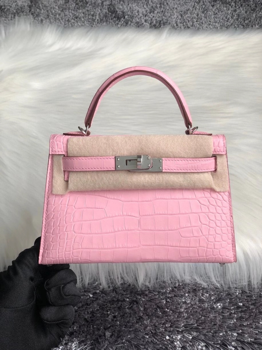 Hermès（爱马仕）Mini kelly ll Alligator matt 雾面鳄鱼 5p 樱花粉 银扣 顶级手缝 小可爱 现货