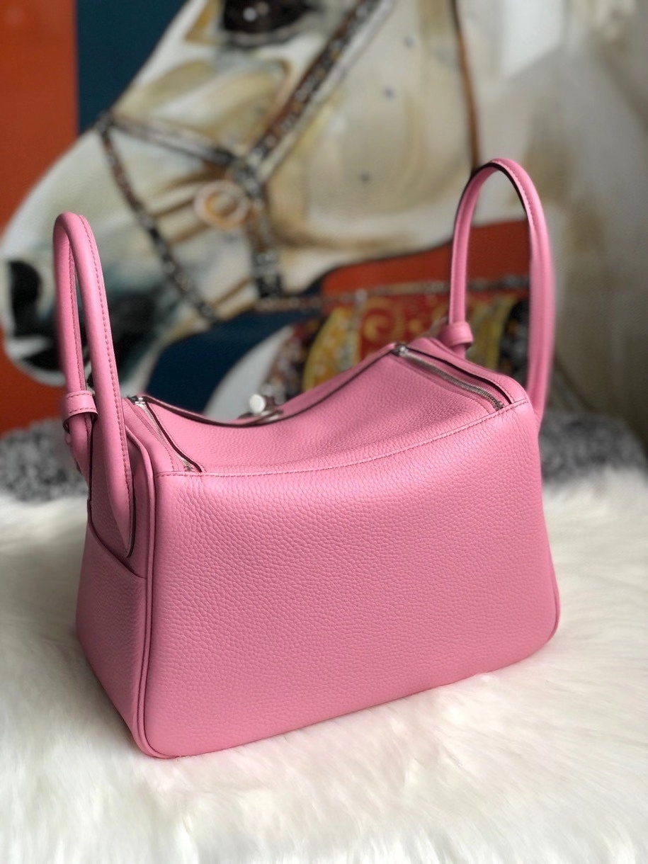 Hermès（爱马仕）Lindy 26cm 原厂御用大牛皮 樱花粉内皮奶昔白 银扣 顶级手缝 定制