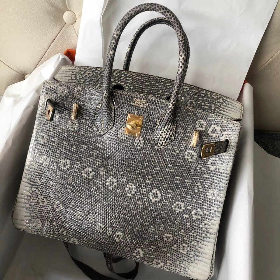Hermès（爱马仕）Birkin 25cm Lizard 进口亮面蜥蜴 01原色 小喜马拉雅色 金扣 顶级手缝 现货