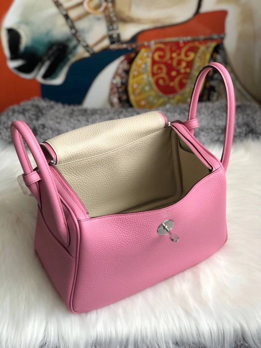 Hermès（爱马仕）Lindy 26cm 原厂御用大牛皮 樱花粉内皮奶昔白 银扣 顶级手缝 定制