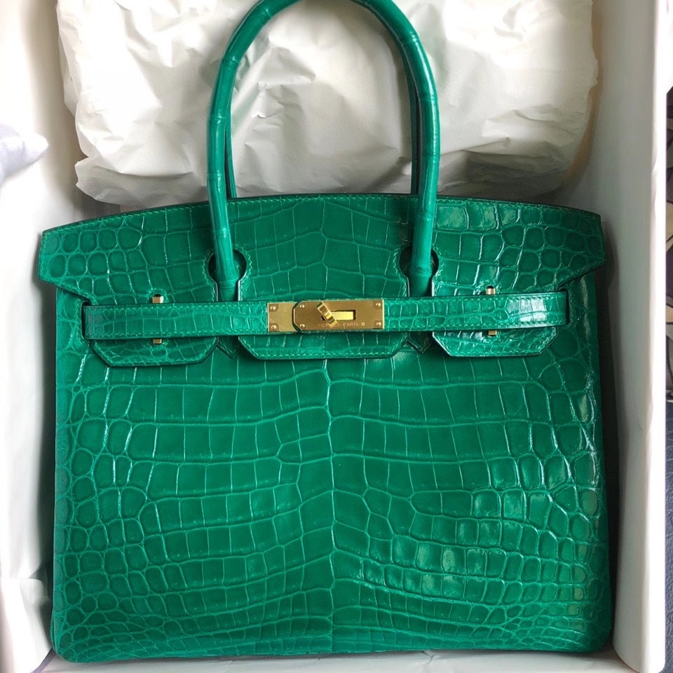 Hermès（爱马仕）Birkin 30cm Crocodile shiny 亮面鳄鱼 7Ｑ 翡翠绿 金扣 顶级手缝 现货
