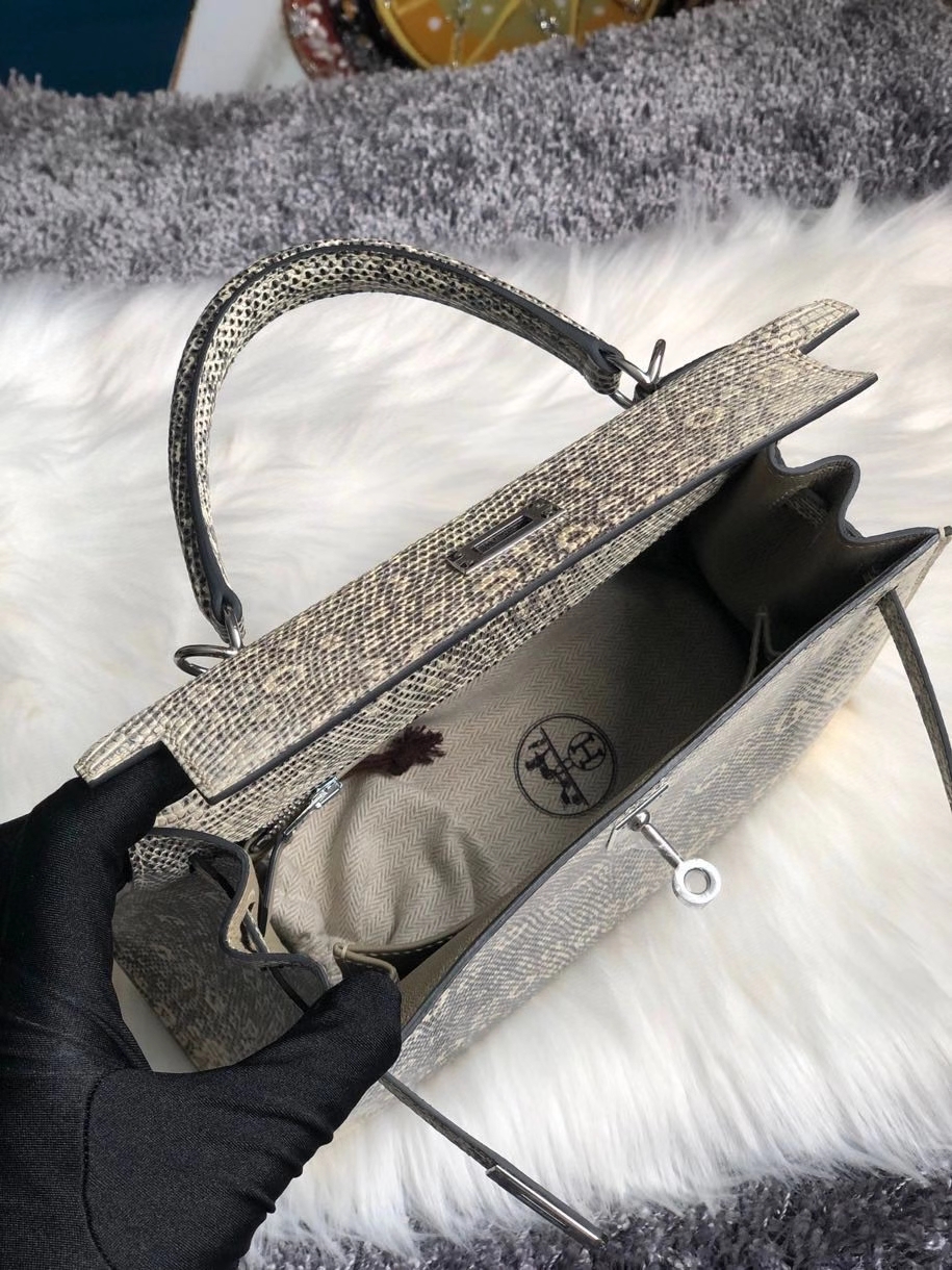 Hermès（爱马仕）Kelly 25cm Lizard 进口亮面蜥蜴 01原色 小喜马拉雅色 银扣 顶级手缝 现货