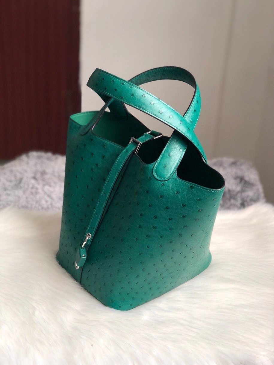 Hermès（爱马仕）Picotin 22cm Ostrich kk鸵鸟  U4 丝绒绿 银扣 顶级手缝 定制