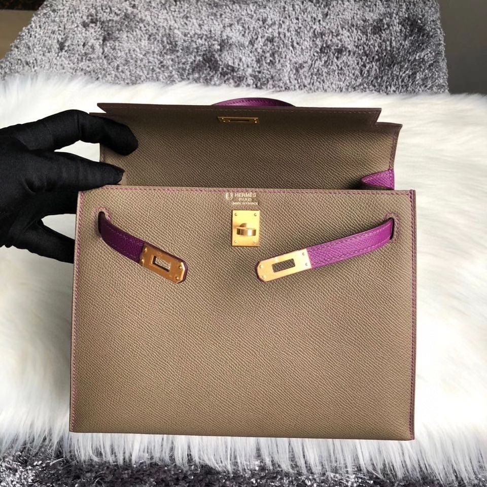 Hermès（爱马仕）Kelly 25cm Epsom 原厂掌纹皮 ck18 大象灰 拼 p9 海葵紫 拉丝金扣 马蹄印 现货