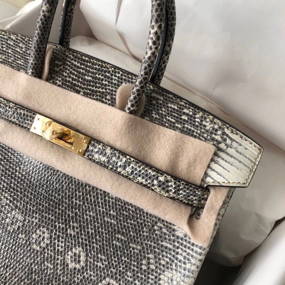 Hermès（爱马仕）Birkin 25cm Lizard 进口亮面蜥蜴 01原色 小喜马拉雅色 金扣 顶级手缝 现货