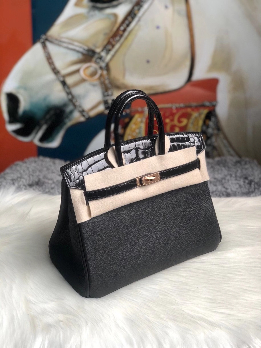 Hermès（爱马仕）Touch 系列 Birkin 25cm 黑色拼黑色亮面玫瑰金扣 rose gold  顶级手缝 现货