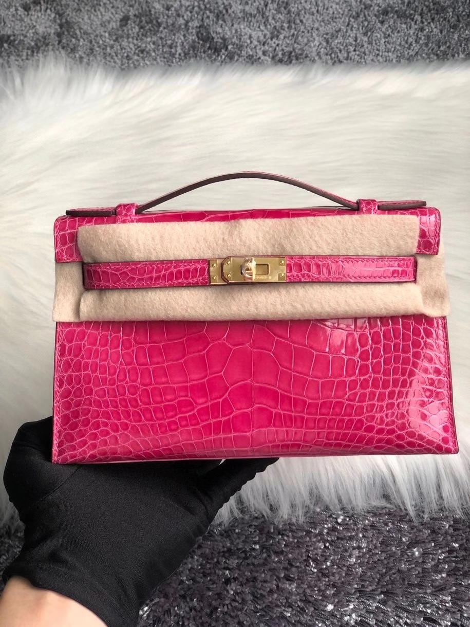 Hermès（爱马仕）Mini kelly pochette 22cm 亮面鳄鱼 5J 桃粉 金扣 顶级手缝 手拿包 晚宴包