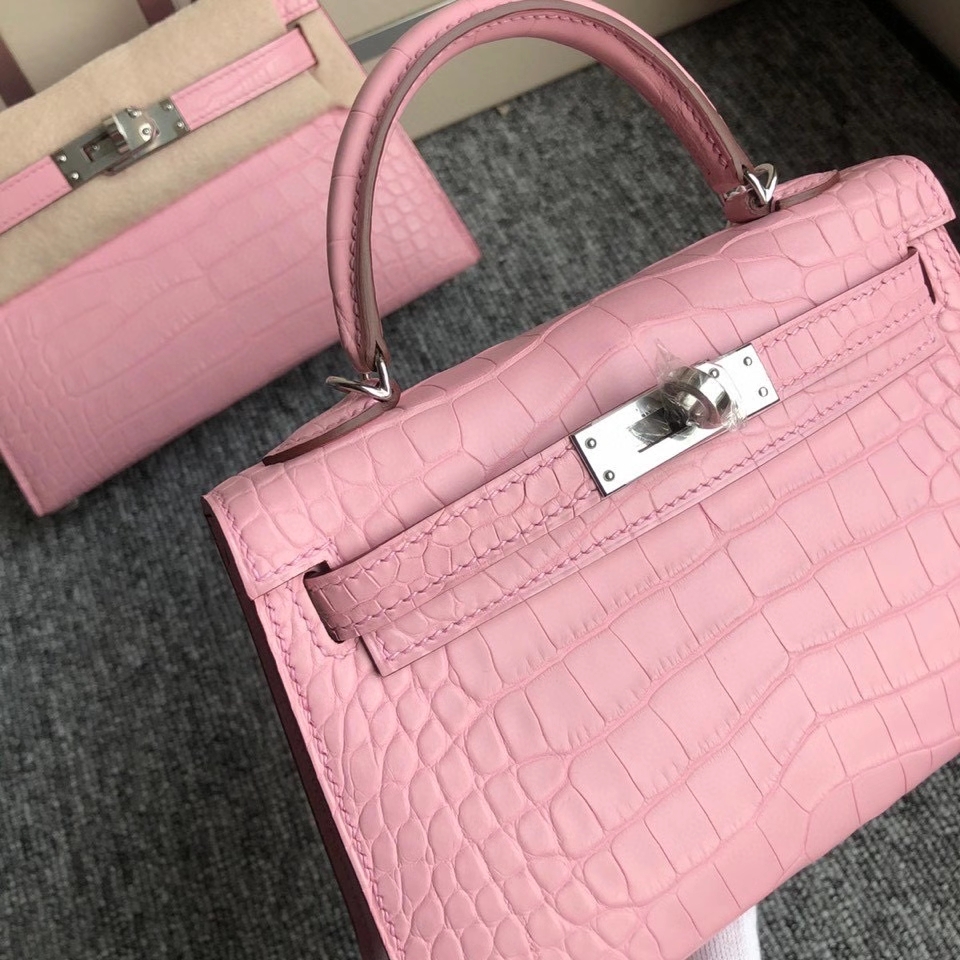Hermès（爱马仕）Mini kelly ll alligator matt 雾面鳄鱼 5p 樱花粉 银扣 顶级手缝