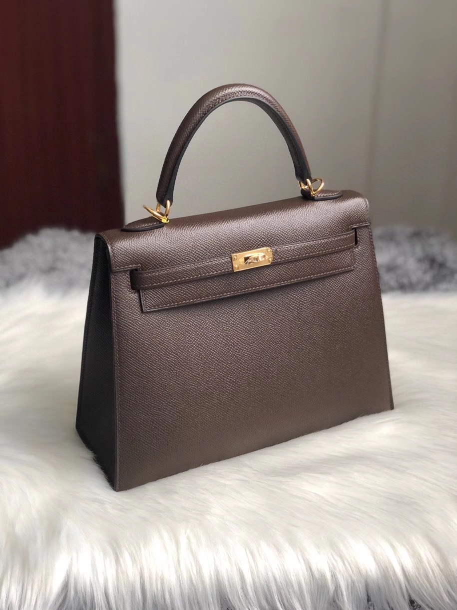 Hermès（爱马仕）Kelly 25cm Epsom原厂掌纹皮  巧克力色 chocolate  金扣 顶级手缝 现货