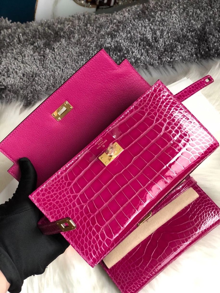 Hermès（爱马仕）Kelly wallet  Alligator shiny 亮面鳄鱼 J5 天方夜谭粉紫 金扣 顶级手缝 现货