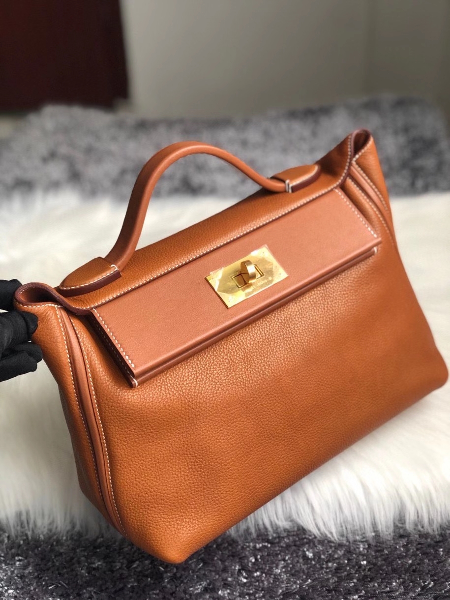 Hermès（爱马仕）2424  颗粒马鞍皮 金棕色 金扣 顶级手缝 定制