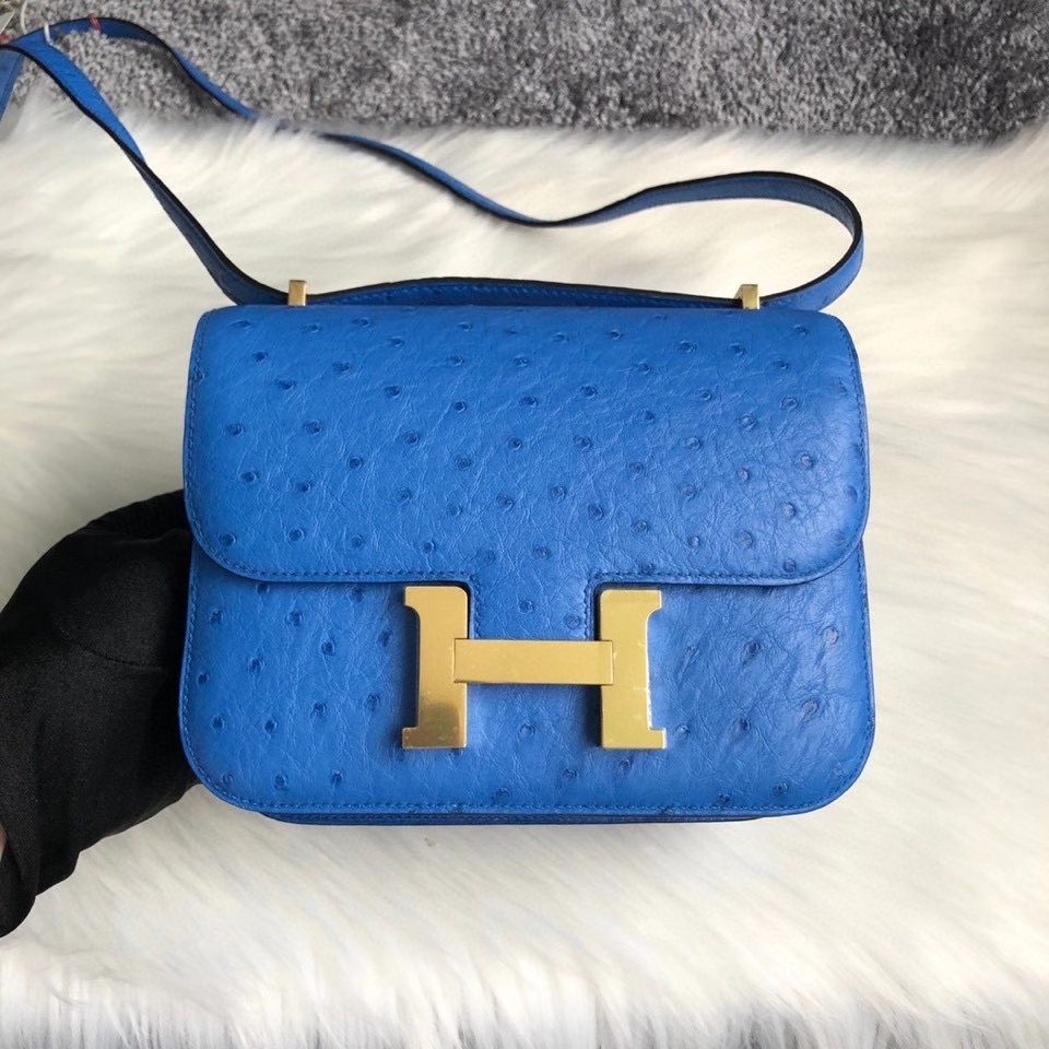 Hermès（爱马仕）Constance 18cm Ostrich kk鸵鸟 7Ｑ希腊蓝 金扣 顶级手缝 现货