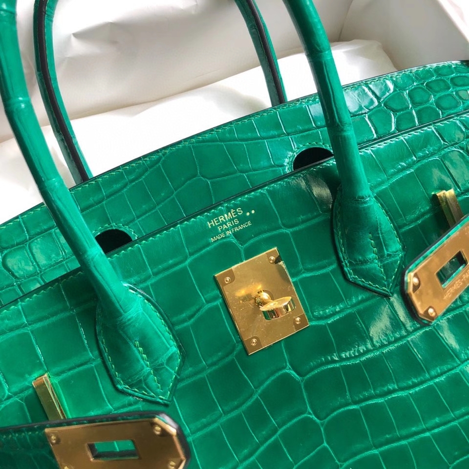 Hermès（爱马仕）Birkin 30cm Crocodile shiny 亮面鳄鱼 7Ｑ 翡翠绿 金扣 顶级手缝 现货