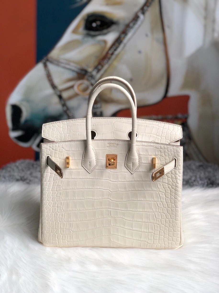 Hermès（爱马仕）Birkin 25cm Alligator matt 雾面鳄鱼 8L 奶油白 Beton 金扣 现货