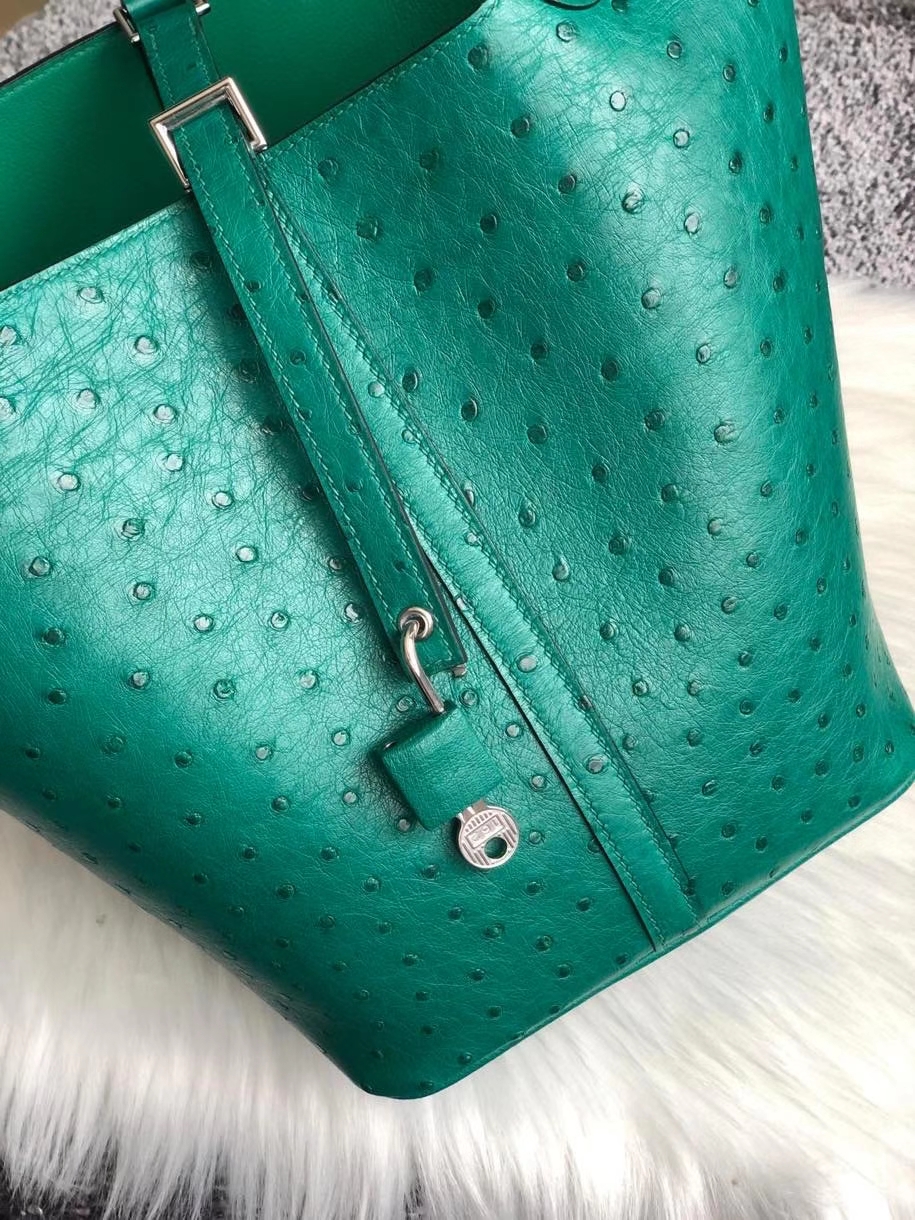Hermès（爱马仕）Picotin 22cm Ostrich kk鸵鸟  U4 丝绒绿 银扣 顶级手缝 定制