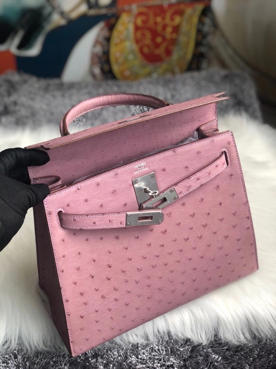 Hermès（爱马仕）Kelly 28cm Ostrich kk鸵鸟 薰衣草紫 银扣 现货