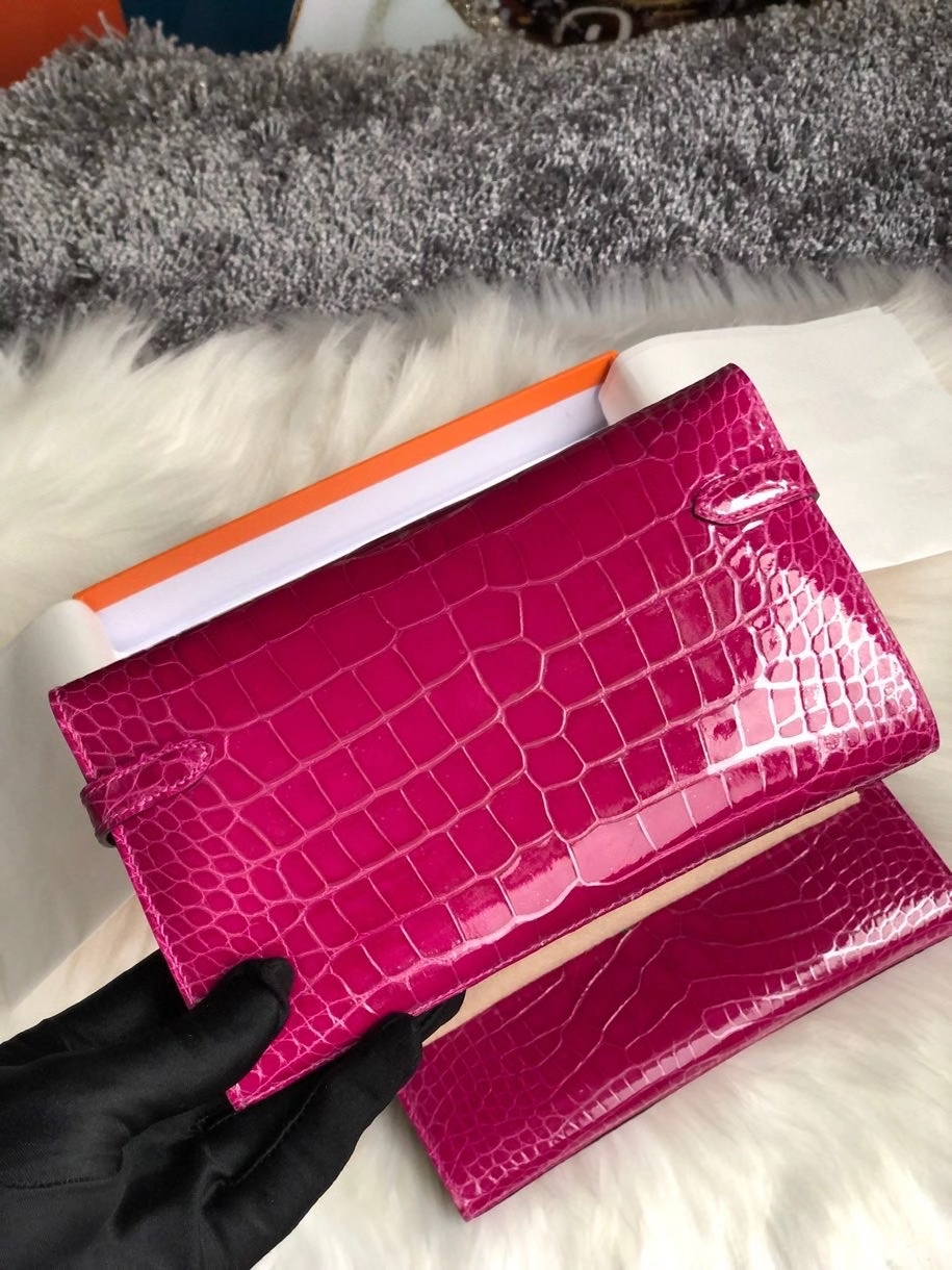 Hermès（爱马仕）Kelly wallet  Alligator shiny 亮面鳄鱼 J5 天方夜谭粉紫 金扣 顶级手缝 现货