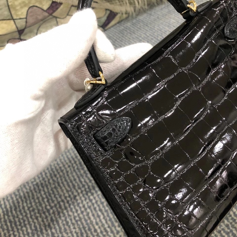 Hermès（爱马仕）Mini kelly ll alligator shiny 亮面鳄鱼 ck89 黑色 Noir 金扣 顶级手缝