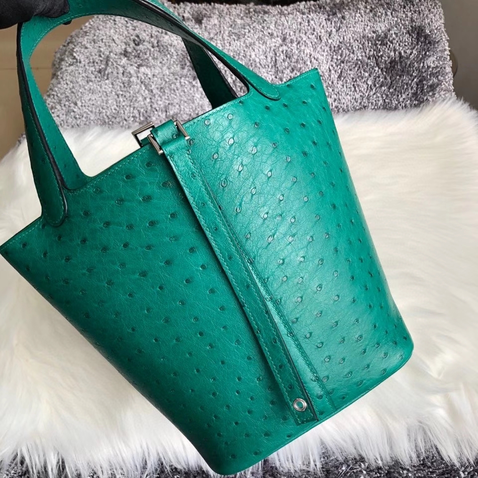 Hermès（爱马仕）Picotin 22cm Ostrich kk鸵鸟  U4 丝绒绿 银扣 顶级手缝 定制
