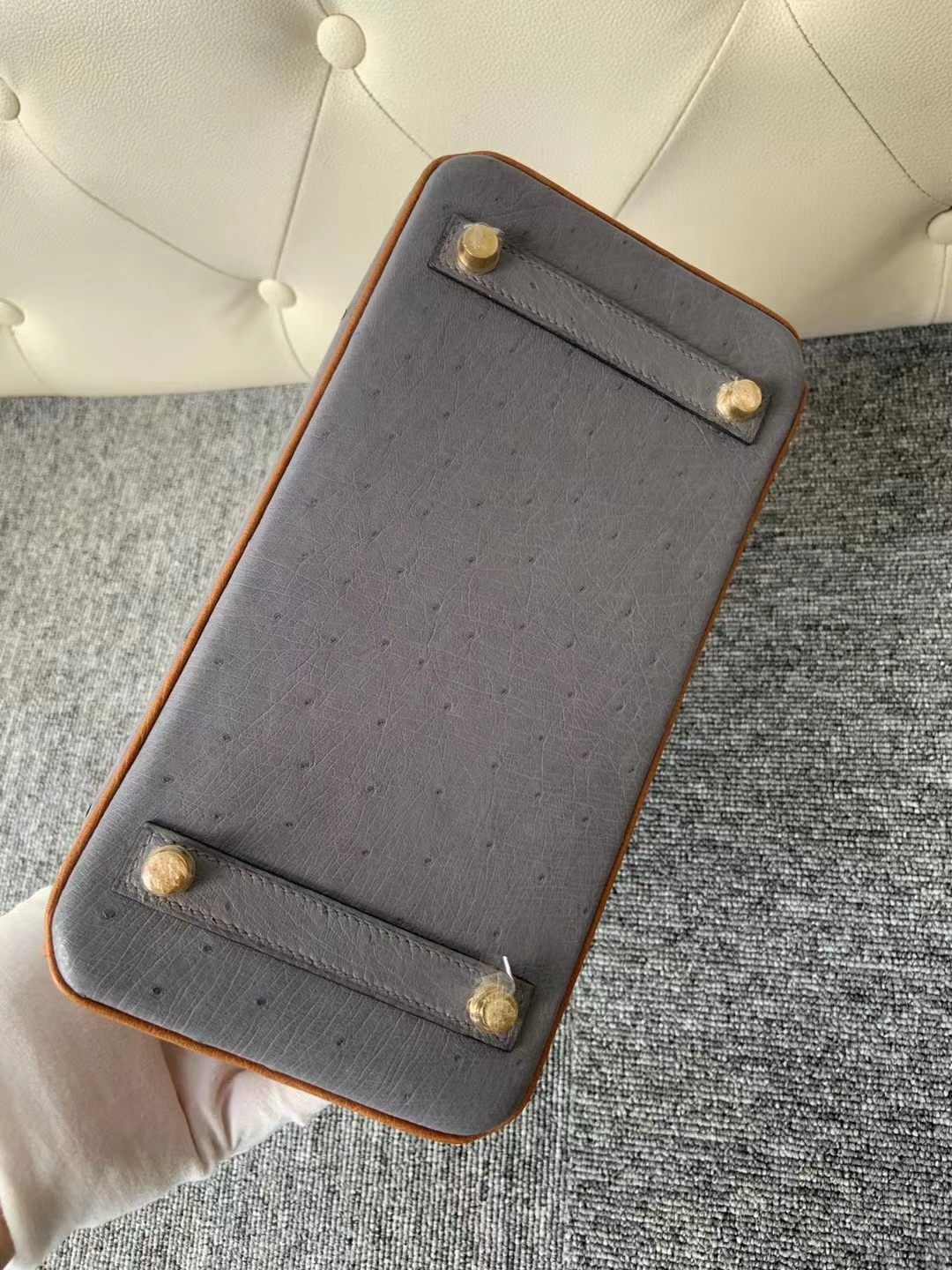 Hermès（爱马仕）Birkin 25cm kk ostrich 顶级鸵鸟皮 R2玛瑙灰拼ck37金棕色 蜡线全缝 金扣