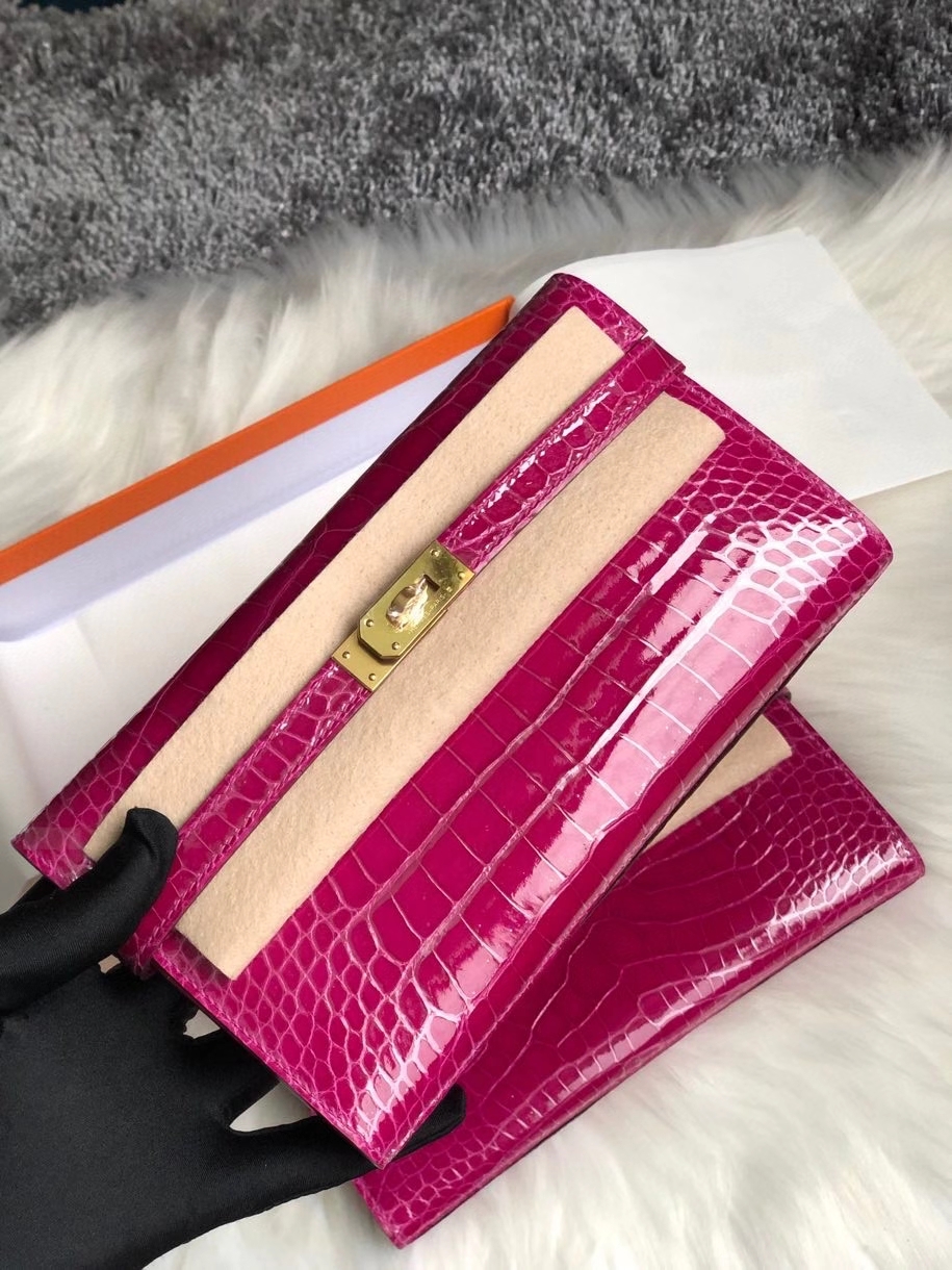 Hermès（爱马仕）Kelly wallet  Alligator shiny 亮面鳄鱼 J5 天方夜谭粉紫 金扣 顶级手缝 现货