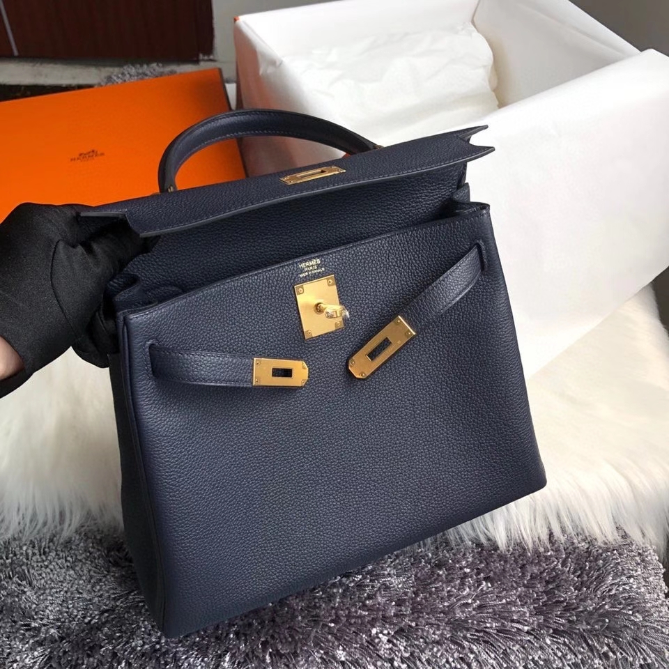 Hermès（爱马仕）Kelly 28cm 原厂小牛皮 togo 2Z 午夜蓝 Blue nuit 金扣 顶级手缝 现货