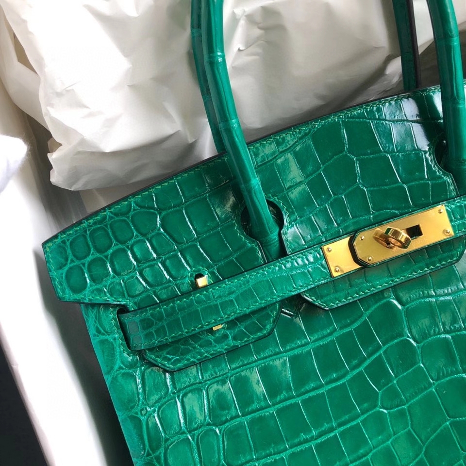 Hermès（爱马仕）Birkin 30cm Crocodile shiny 亮面鳄鱼 7Ｑ 翡翠绿 金扣 顶级手缝 现货