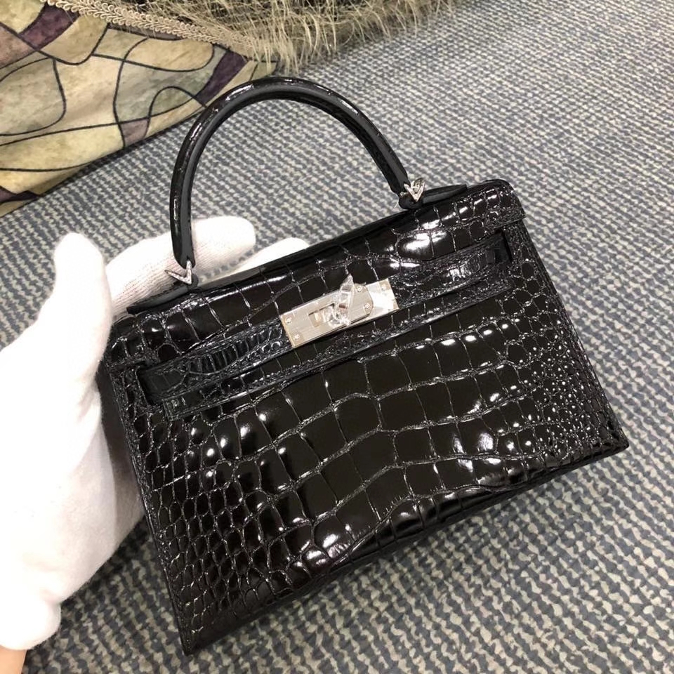 Hermès（爱马仕）Mini kelly ll alligator shiny 亮面鳄鱼 ck89 黑色 Noir 银扣 顶级手缝
