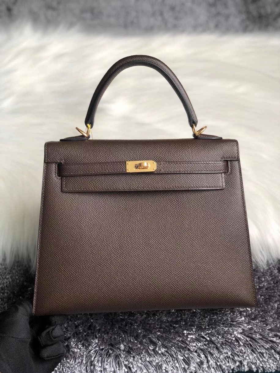 Hermès（爱马仕）Kelly 25cm Epsom原厂掌纹皮  巧克力色 chocolate  金扣 顶级手缝 现货