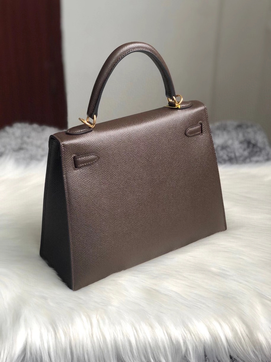 Hermès（爱马仕）Kelly 25cm Epsom原厂掌纹皮  巧克力色 chocolate  金扣 顶级手缝 现货