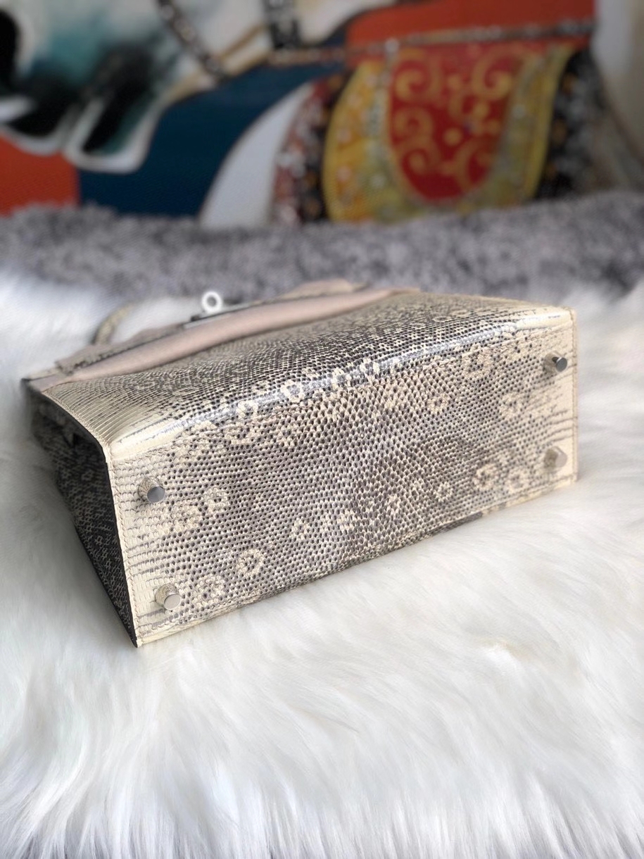 Hermès（爱马仕）Kelly 25cm Lizard 进口亮面蜥蜴 01原色 小喜马拉雅色 银扣 顶级手缝 现货