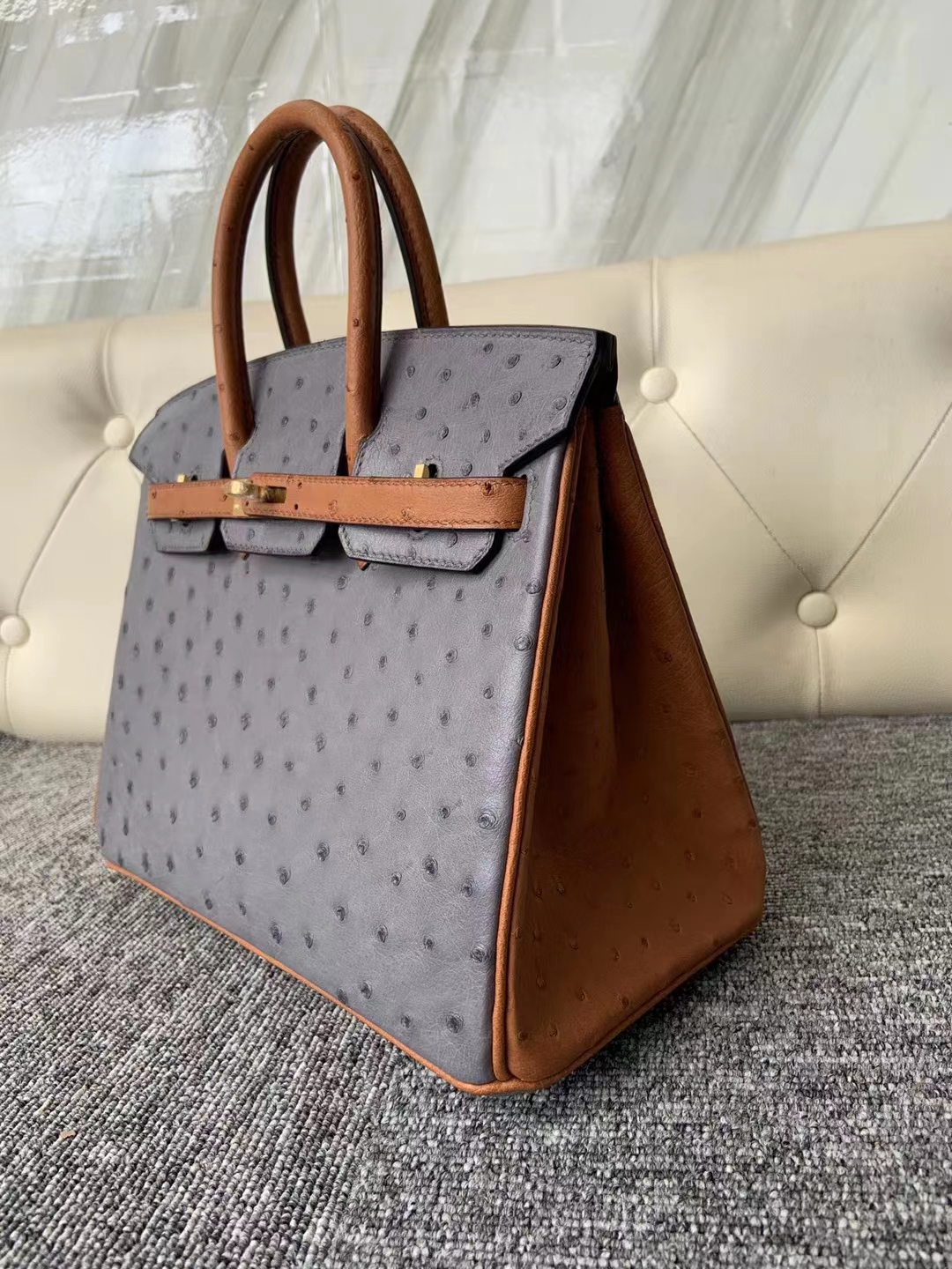 Hermès（爱马仕）Birkin 25cm kk ostrich 顶级鸵鸟皮 R2玛瑙灰拼ck37金棕色 蜡线全缝 金扣