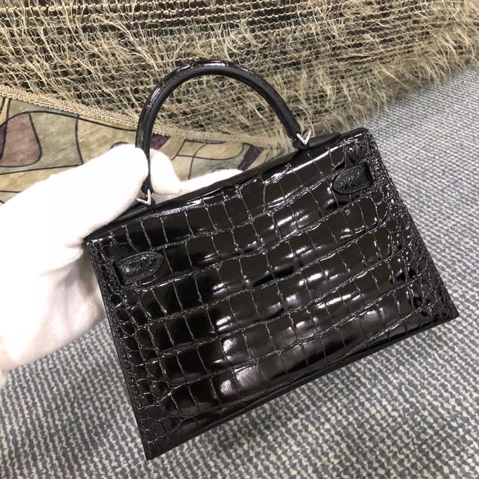 Hermès（爱马仕）Mini kelly ll alligator shiny 亮面鳄鱼 ck89 黑色 Noir 银扣 顶级手缝