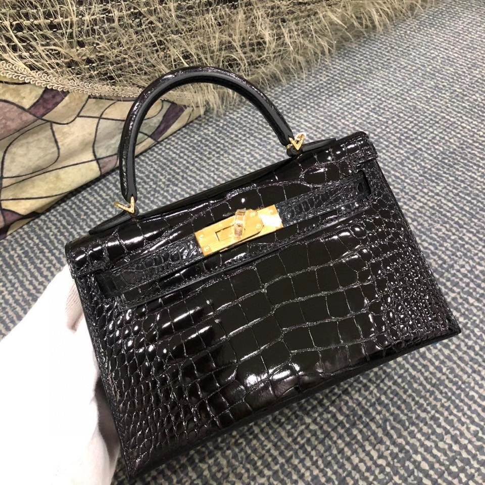 Hermès（爱马仕）Mini kelly ll alligator shiny 亮面鳄鱼 ck89 黑色 Noir 金扣 顶级手缝