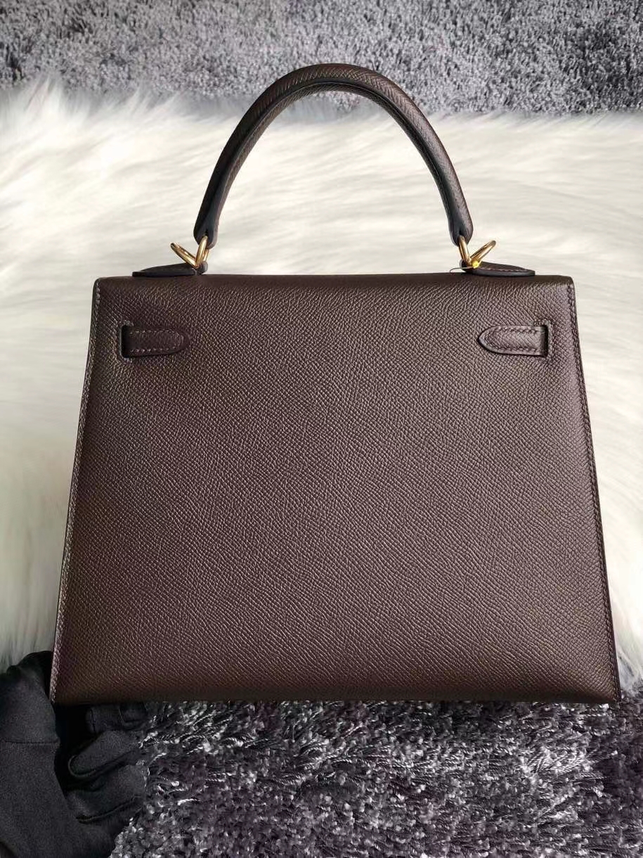 Hermès（爱马仕）Kelly 25cm Epsom原厂掌纹皮  巧克力色 chocolate  金扣 顶级手缝 现货