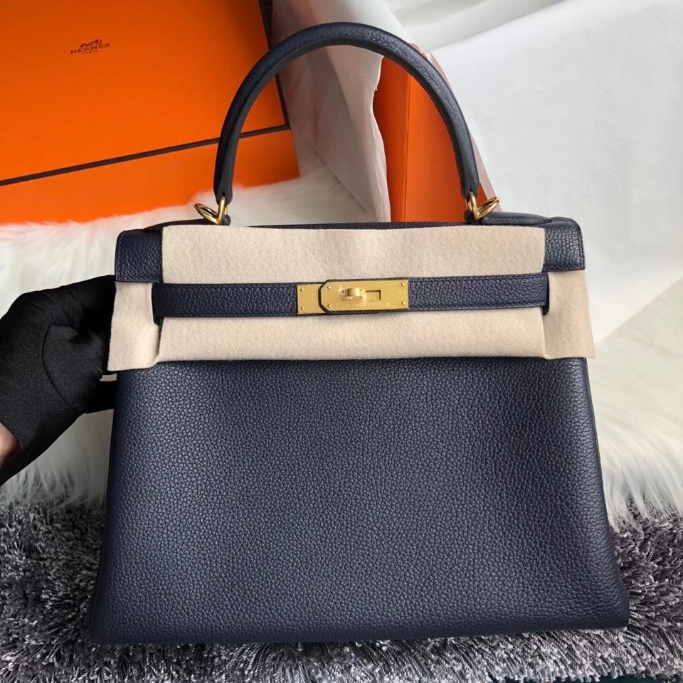 Hermès（爱马仕）Kelly 28cm 原厂小牛皮 togo 2Z 午夜蓝 Blue nuit 金扣 顶级手缝 现货