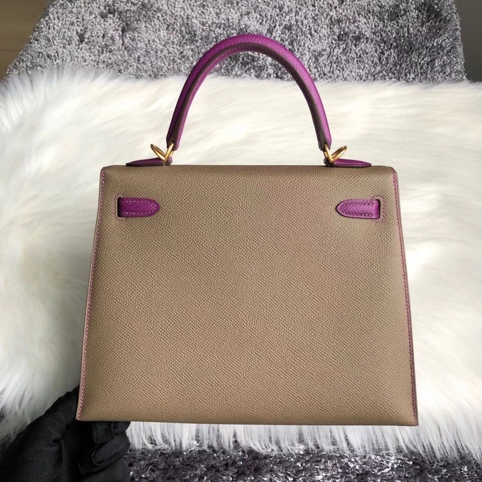 Hermès（爱马仕）Kelly 25cm Epsom 原厂掌纹皮 ck18 大象灰 拼 p9 海葵紫 拉丝金扣 马蹄印 现货