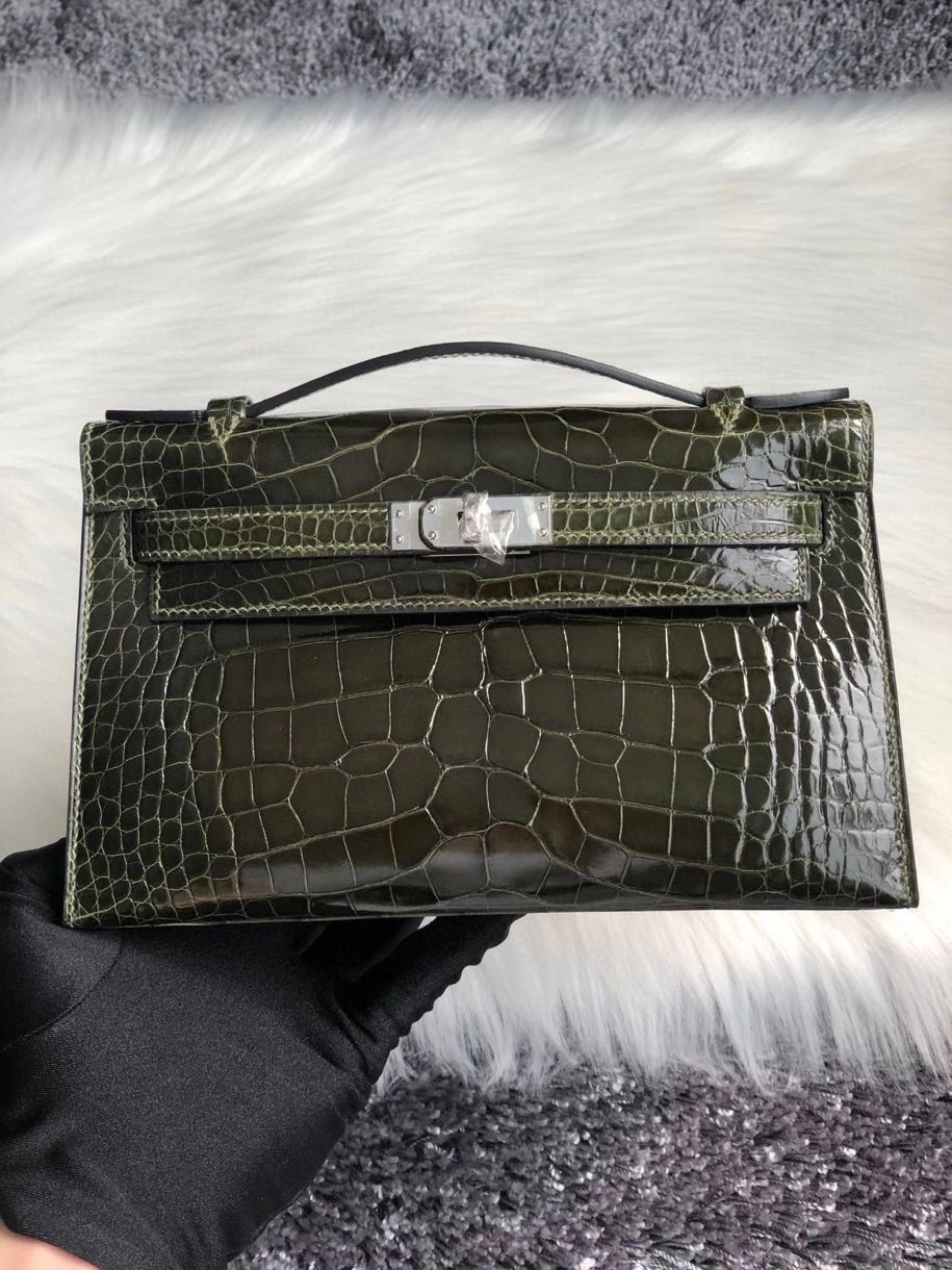 Hermès（爱马仕）Mini kelly pochette 22cm 亮面鳄鱼 6H 橄榄绿 银扣 顶级手缝 手拿包 晚宴包